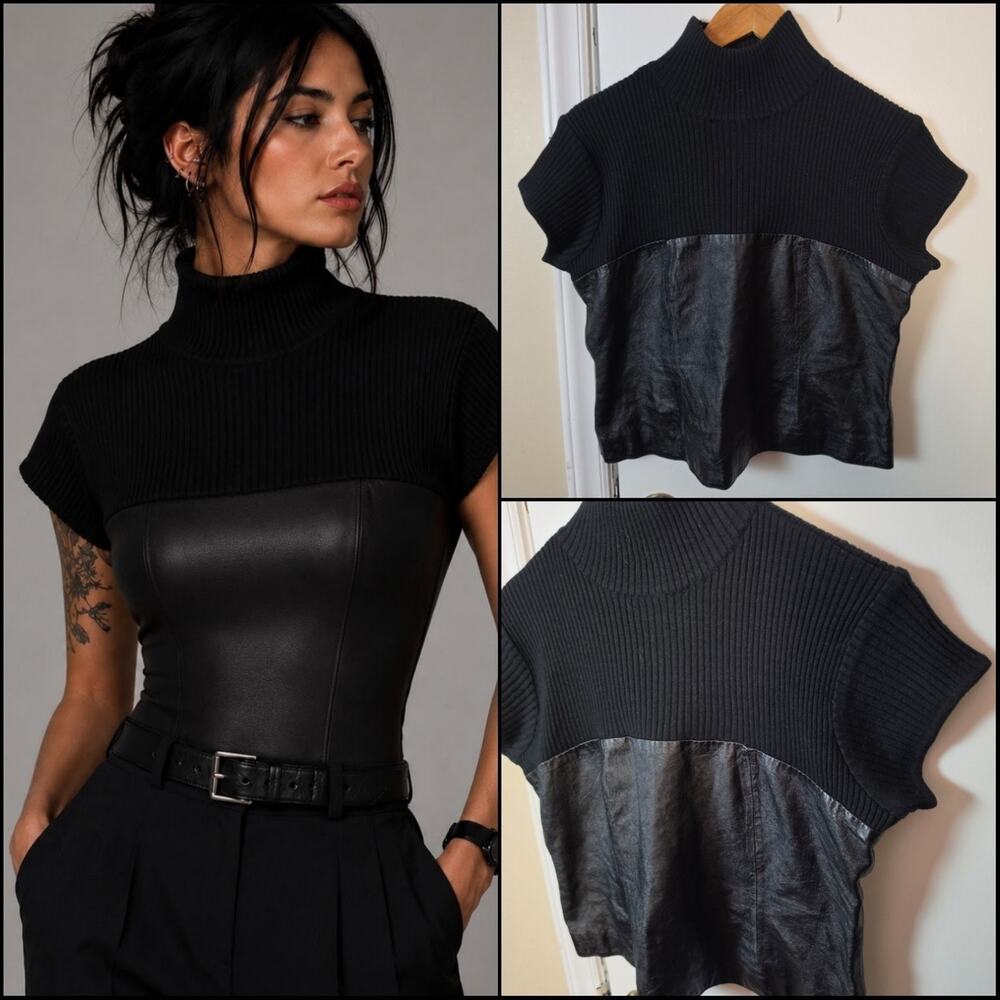 Moda Short Sleeve Mock Neck Leather Wool Knit Top Blouse Black Women's Size L